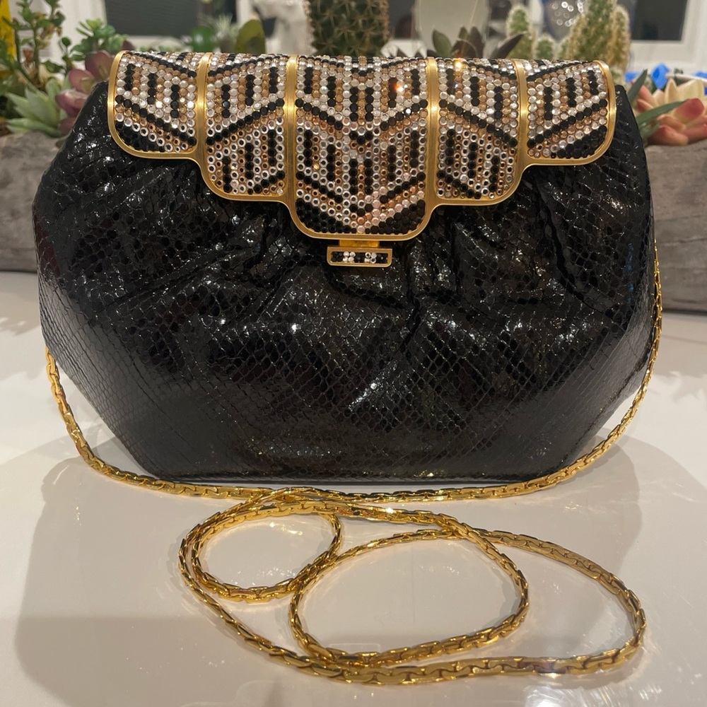 Finesse La Model VINTAGE Snakeskin & Crystal Evening Bag ~ Black ~ Pristine!